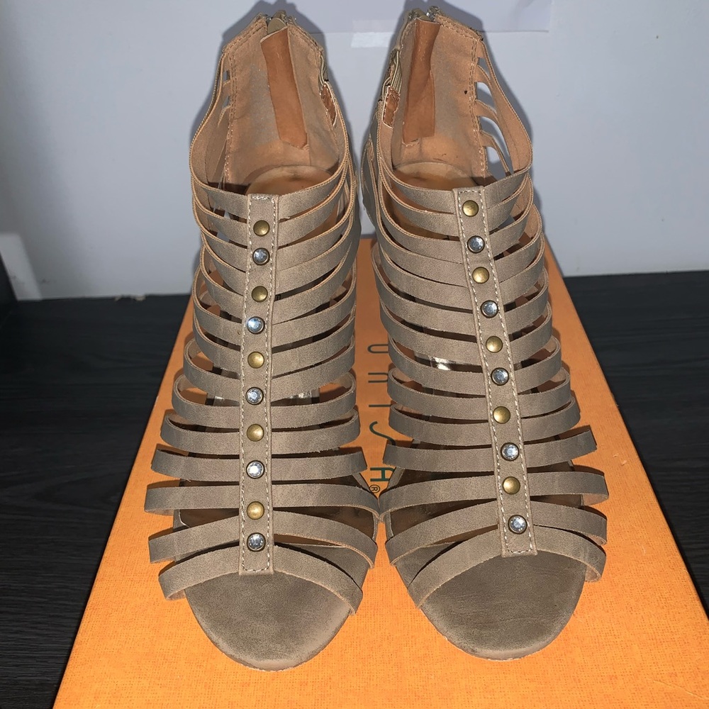Attitude Heeled Sandals with Gold and Rhinestone Accents